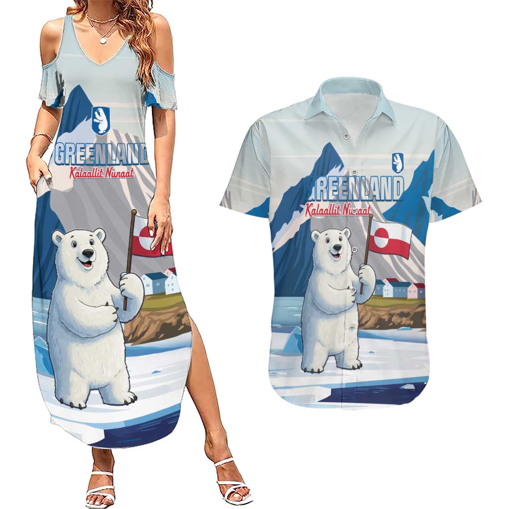 Greenland Couples Matching Summer Maxi Dress and Hawaiian Shirt Kalaallit Nunaat Polar Bear