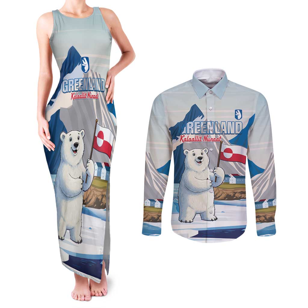 Greenland Couples Matching Tank Maxi Dress and Long Sleeve Button Shirt Kalaallit Nunaat Polar Bear