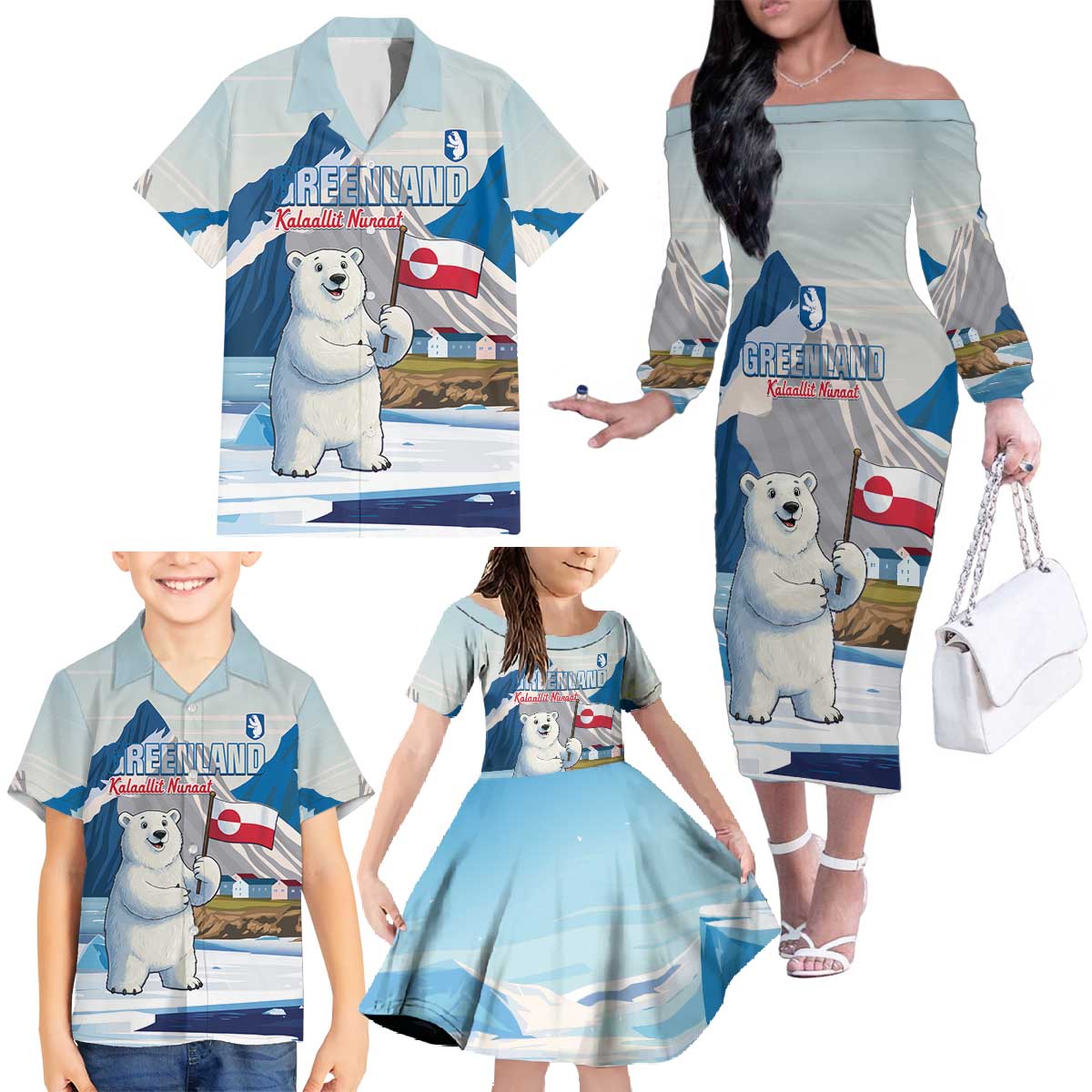 Greenland Family Matching Off The Shoulder Long Sleeve Dress and Hawaiian Shirt Kalaallit Nunaat Polar Bear