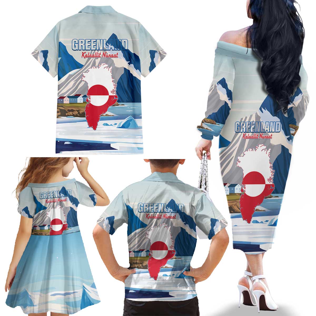 Greenland Family Matching Off The Shoulder Long Sleeve Dress and Hawaiian Shirt Kalaallit Nunaat Polar Bear