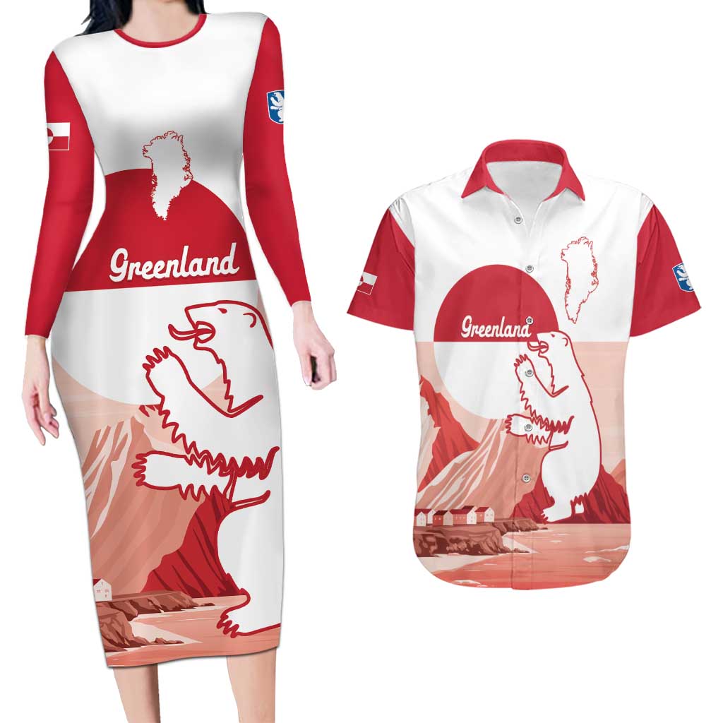 Kalaallit Nunaat Greenland Couples Matching Long Sleeve Bodycon Dress and Hawaiian Shirt Coat Of Arms Flag Style