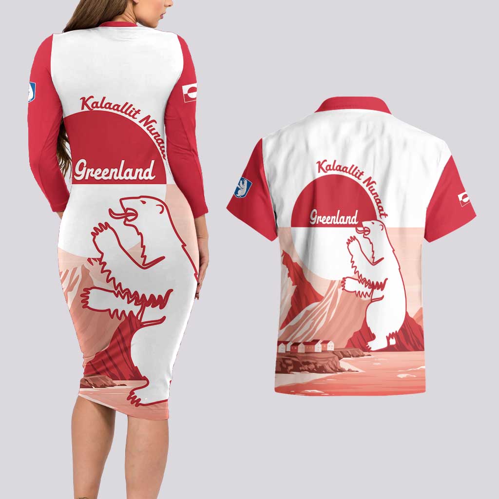 Kalaallit Nunaat Greenland Couples Matching Long Sleeve Bodycon Dress and Hawaiian Shirt Coat Of Arms Flag Style