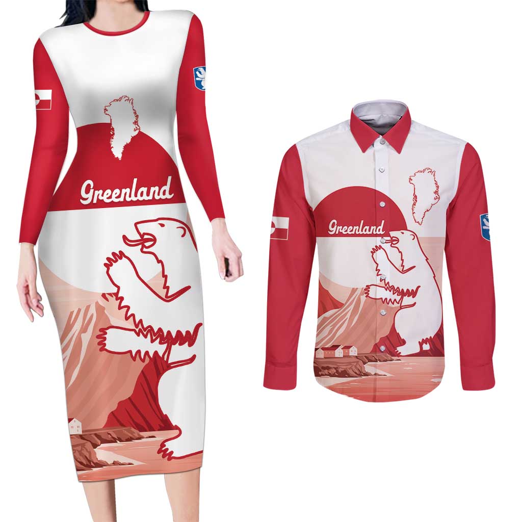 Kalaallit Nunaat Greenland Couples Matching Long Sleeve Bodycon Dress and Long Sleeve Button Shirt Coat Of Arms Flag Style
