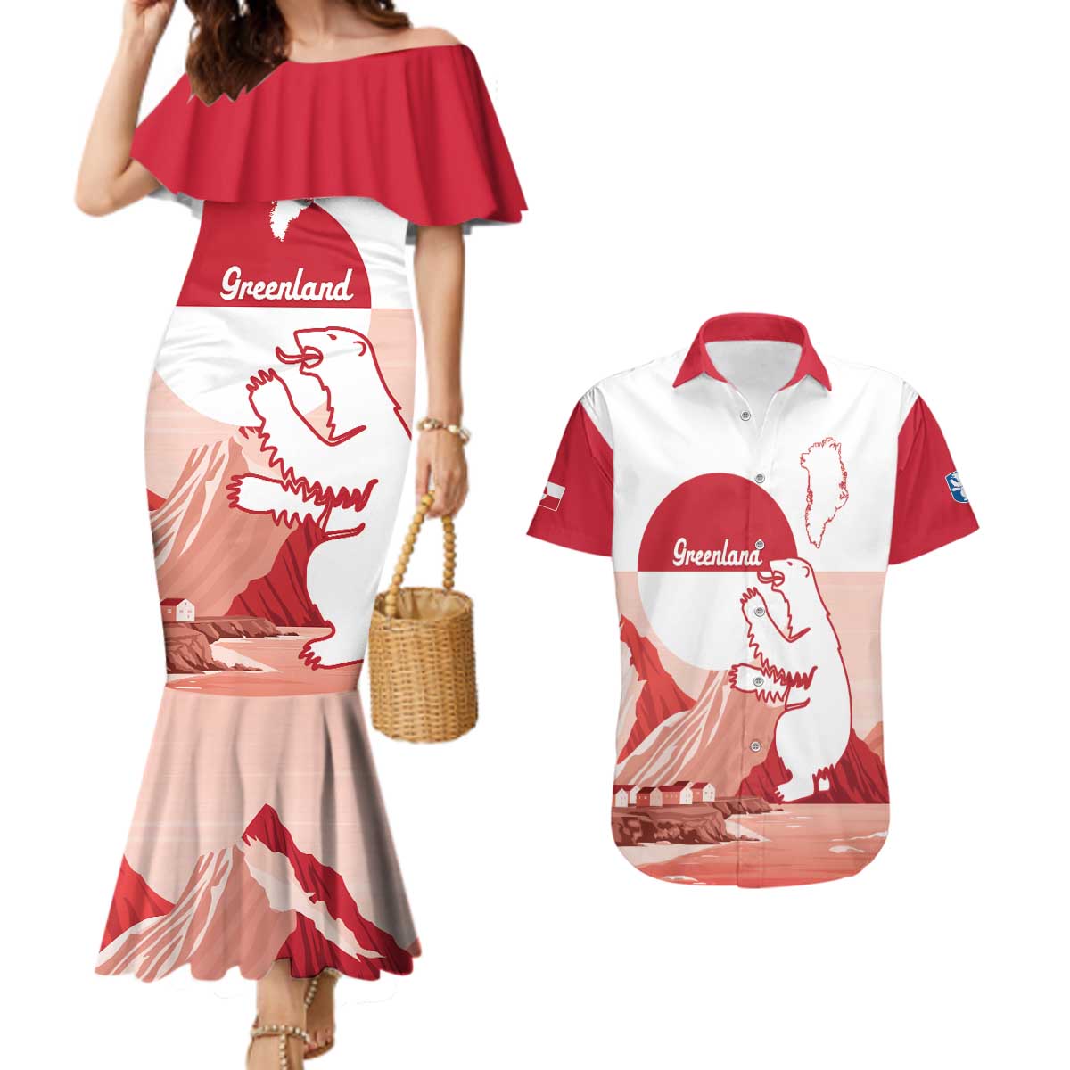Kalaallit Nunaat Greenland Couples Matching Mermaid Dress and Hawaiian Shirt Coat Of Arms Flag Style