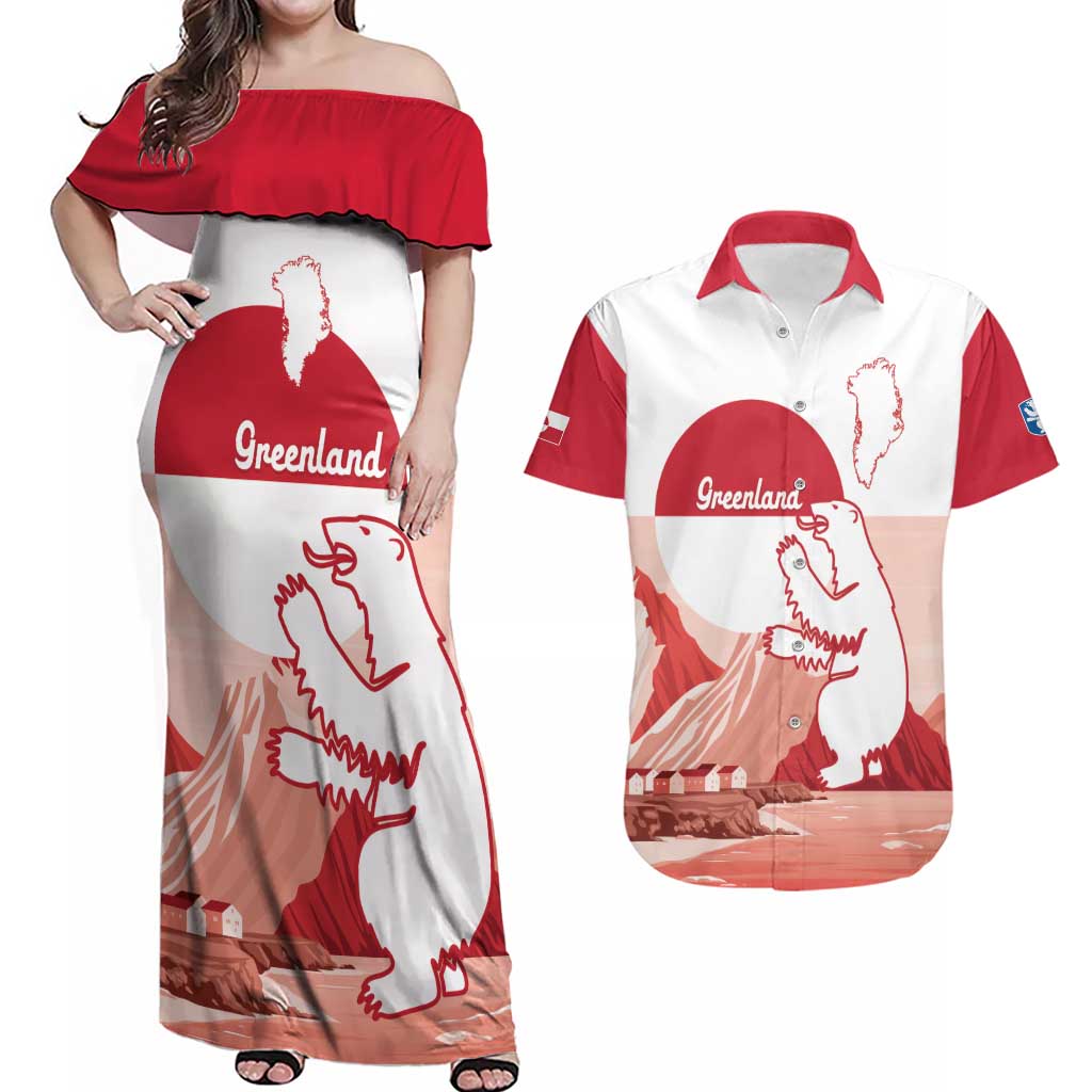 Kalaallit Nunaat Greenland Couples Matching Off Shoulder Maxi Dress and Hawaiian Shirt Coat Of Arms Flag Style