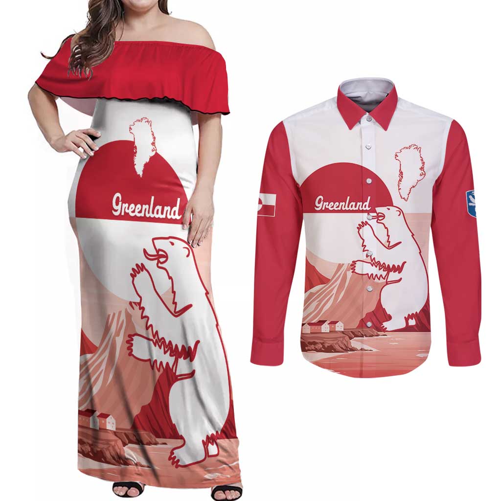Kalaallit Nunaat Greenland Couples Matching Off Shoulder Maxi Dress and Long Sleeve Button Shirt Coat Of Arms Flag Style