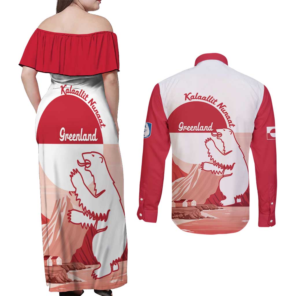 Kalaallit Nunaat Greenland Couples Matching Off Shoulder Maxi Dress and Long Sleeve Button Shirt Coat Of Arms Flag Style