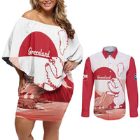Kalaallit Nunaat Greenland Couples Matching Off Shoulder Short Dress and Long Sleeve Button Shirt Coat Of Arms Flag Style