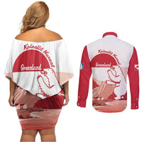 Kalaallit Nunaat Greenland Couples Matching Off Shoulder Short Dress and Long Sleeve Button Shirt Coat Of Arms Flag Style