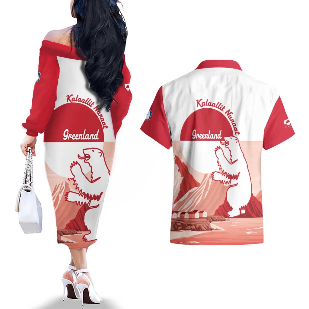Kalaallit Nunaat Greenland Couples Matching Off The Shoulder Long Sleeve Dress and Hawaiian Shirt Coat Of Arms Flag Style