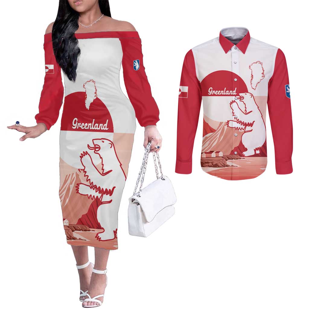 Kalaallit Nunaat Greenland Couples Matching Off The Shoulder Long Sleeve Dress and Long Sleeve Button Shirt Coat Of Arms Flag Style