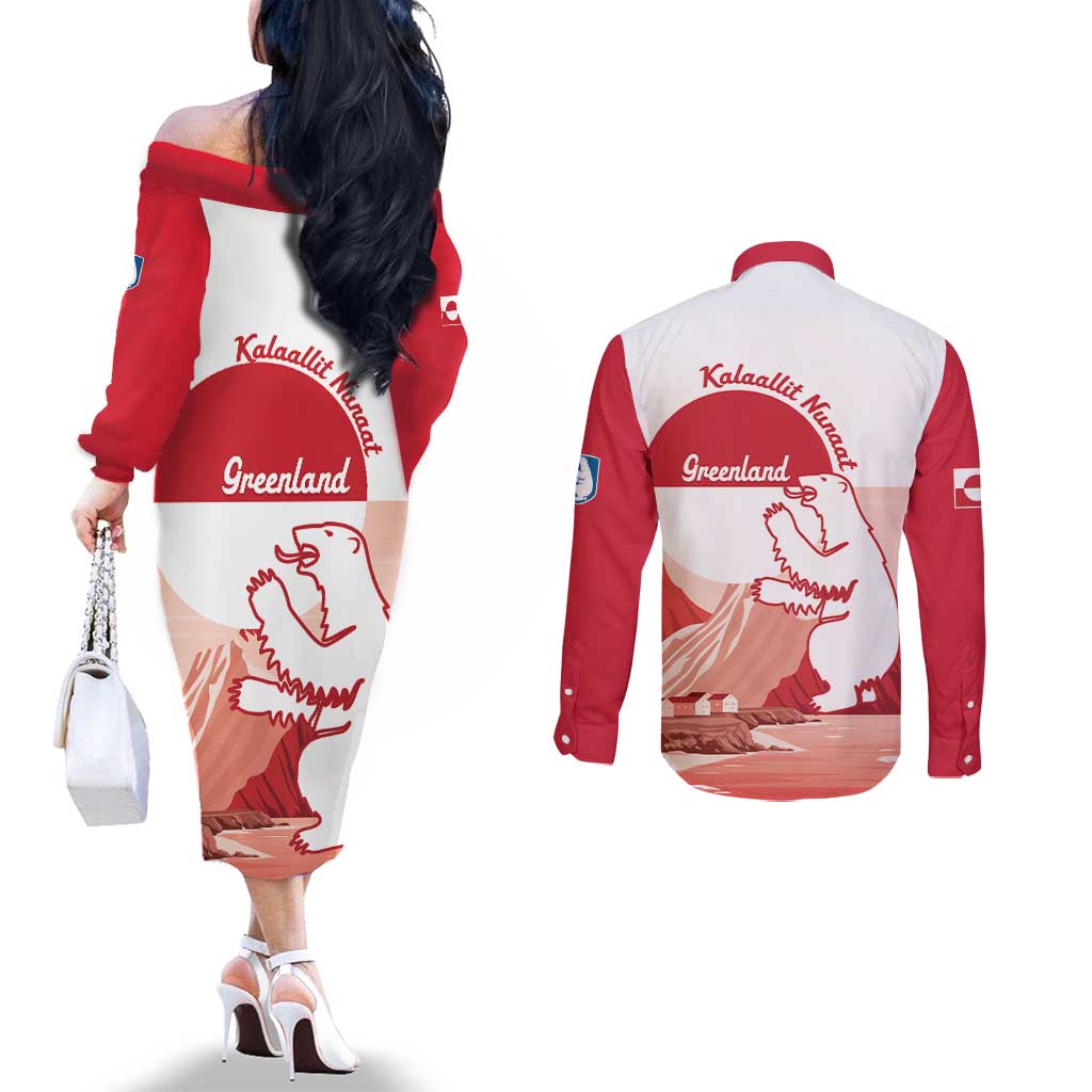 Kalaallit Nunaat Greenland Couples Matching Off The Shoulder Long Sleeve Dress and Long Sleeve Button Shirt Coat Of Arms Flag Style