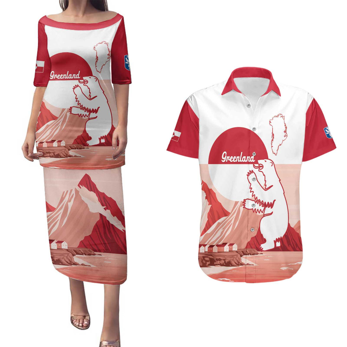 Kalaallit Nunaat Greenland Couples Matching Puletasi and Hawaiian Shirt Coat Of Arms Flag Style