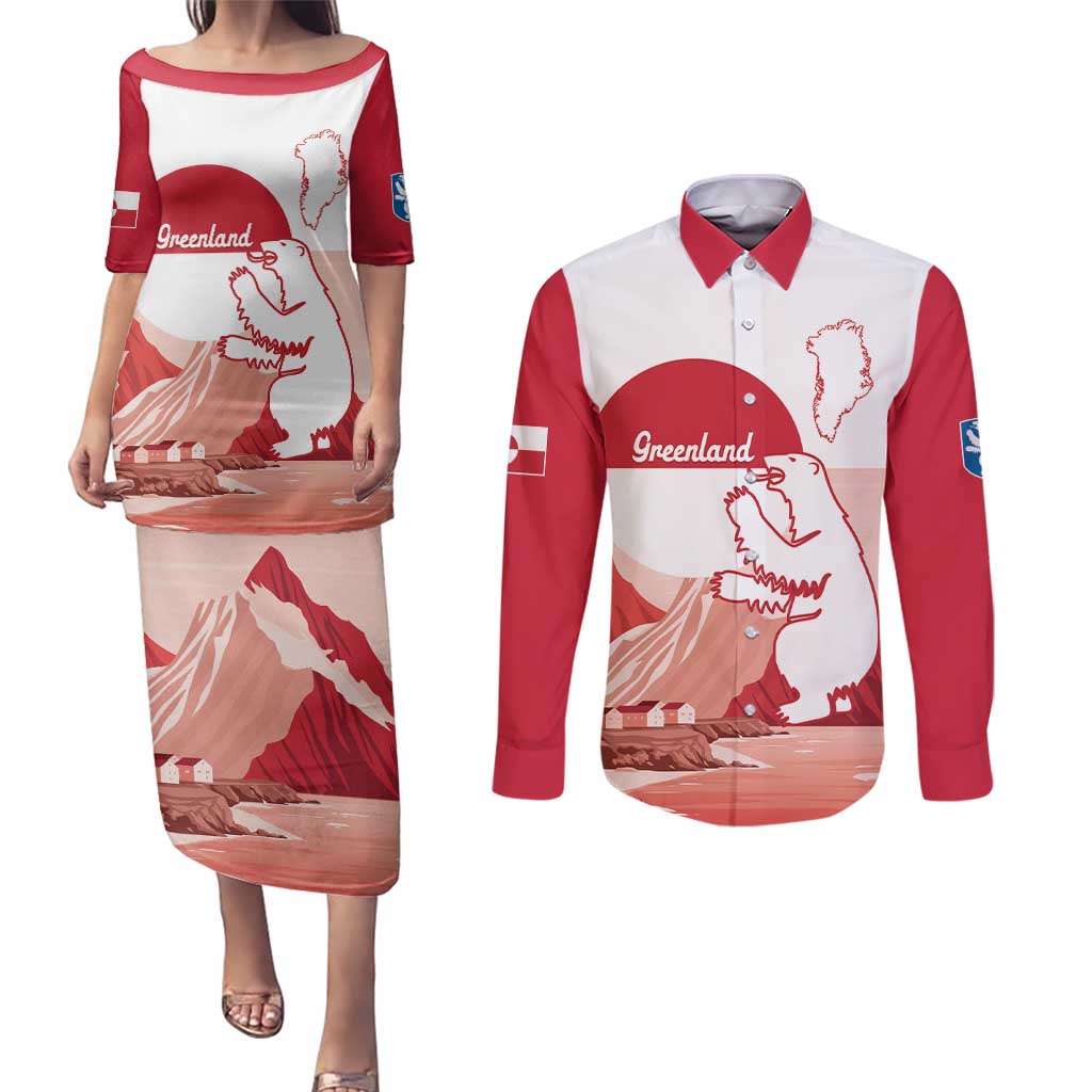 Kalaallit Nunaat Greenland Couples Matching Puletasi and Long Sleeve Button Shirt Coat Of Arms Flag Style