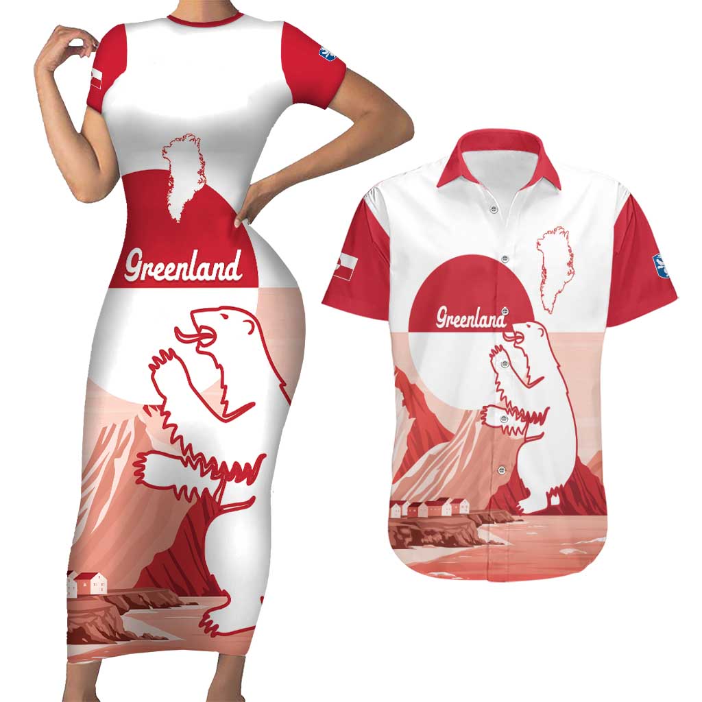 Kalaallit Nunaat Greenland Couples Matching Short Sleeve Bodycon Dress and Hawaiian Shirt Coat Of Arms Flag Style