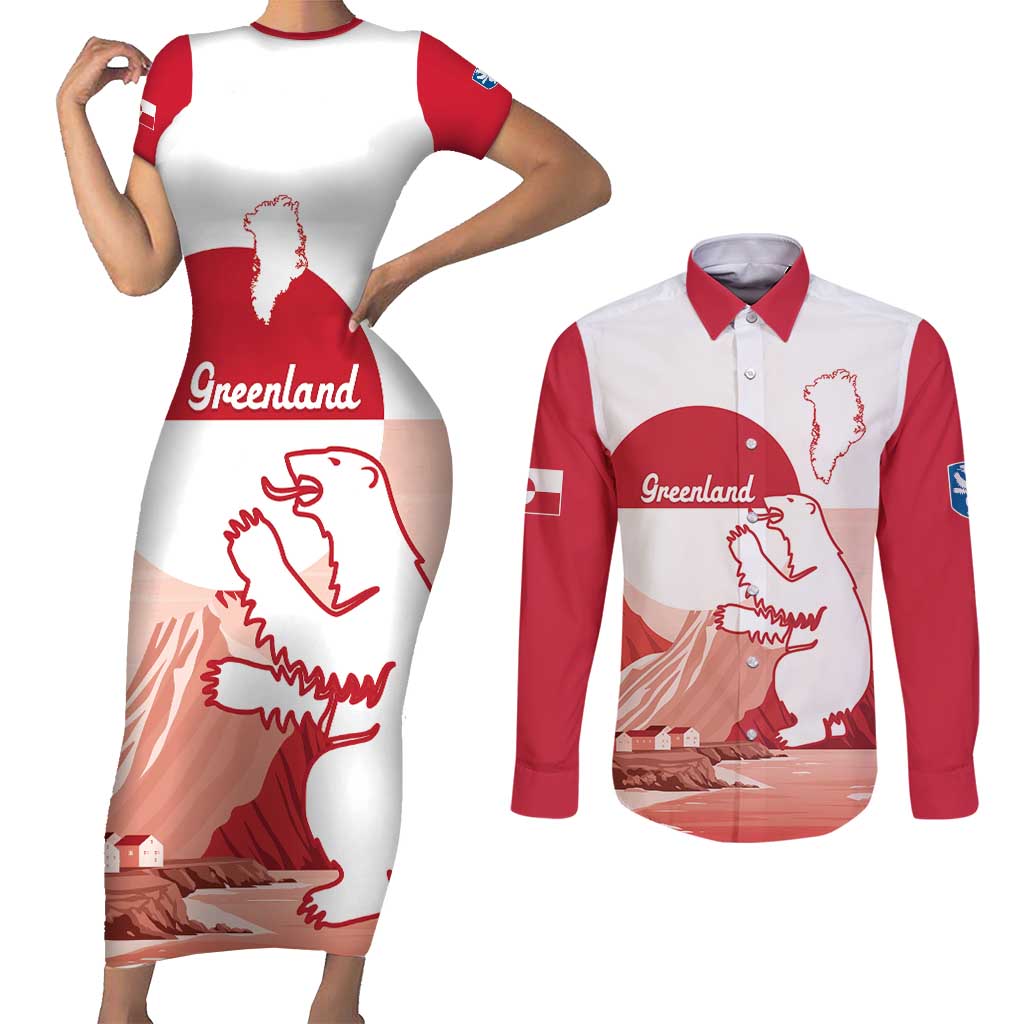Kalaallit Nunaat Greenland Couples Matching Short Sleeve Bodycon Dress and Long Sleeve Button Shirt Coat Of Arms Flag Style