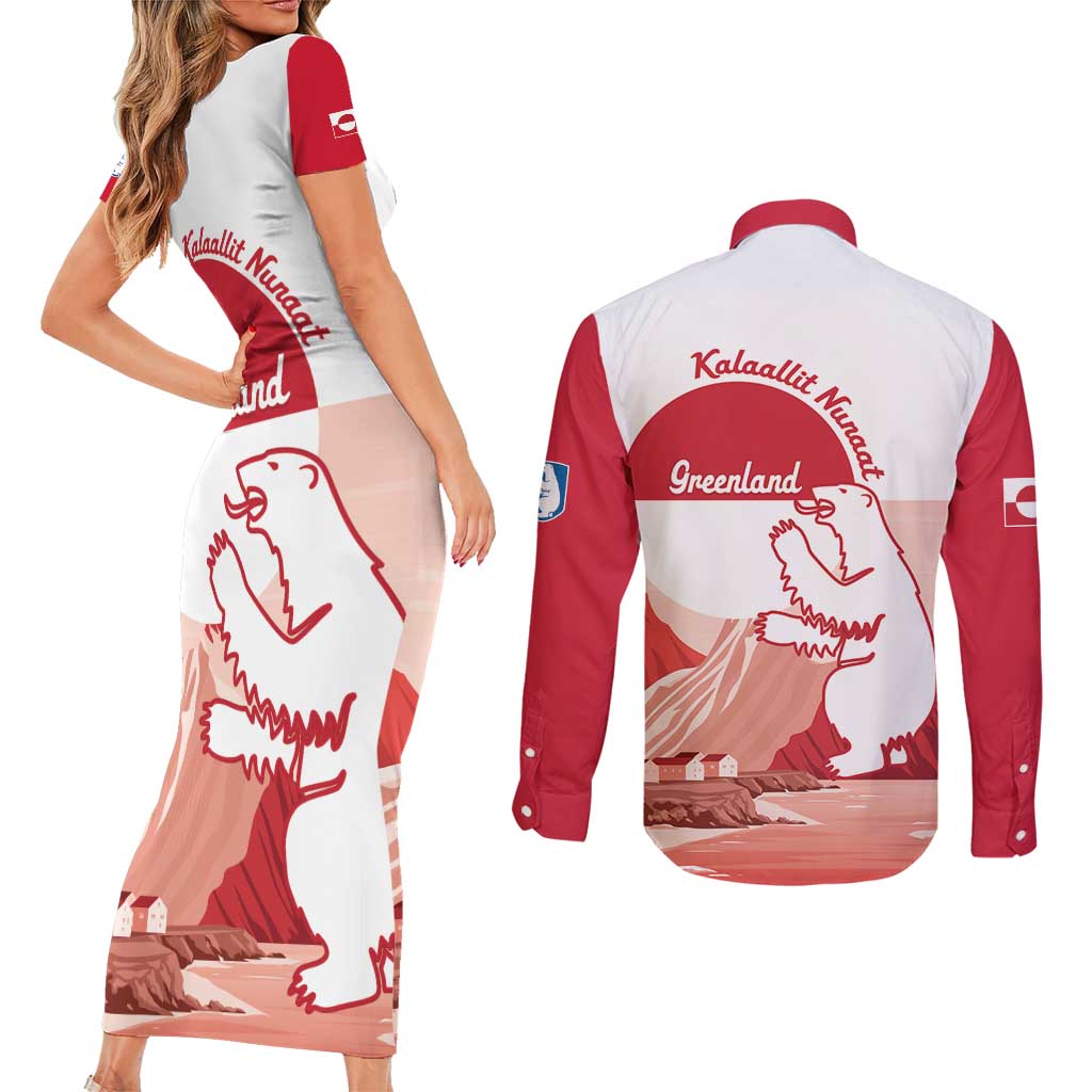 Kalaallit Nunaat Greenland Couples Matching Short Sleeve Bodycon Dress and Long Sleeve Button Shirt Coat Of Arms Flag Style