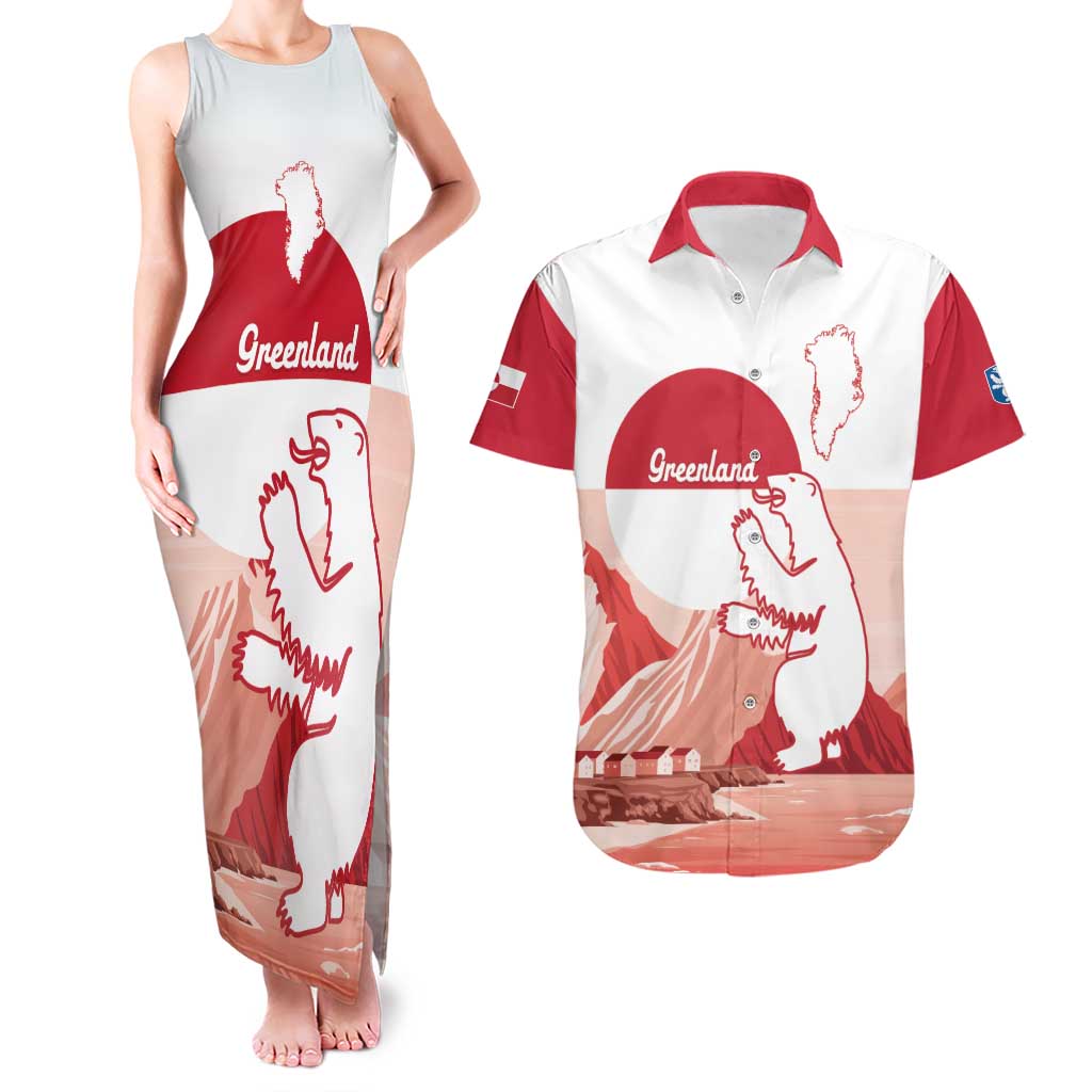 Kalaallit Nunaat Greenland Couples Matching Tank Maxi Dress and Hawaiian Shirt Coat Of Arms Flag Style