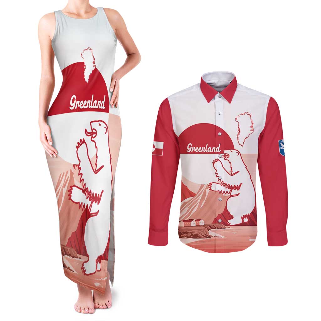 Kalaallit Nunaat Greenland Couples Matching Tank Maxi Dress and Long Sleeve Button Shirt Coat Of Arms Flag Style