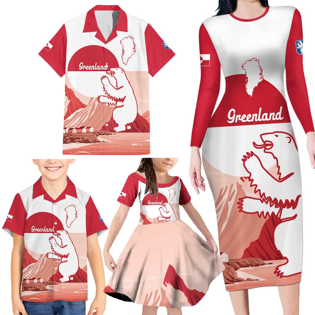 Kalaallit Nunaat Greenland Family Matching Long Sleeve Bodycon Dress and Hawaiian Shirt Coat Of Arms Flag Style