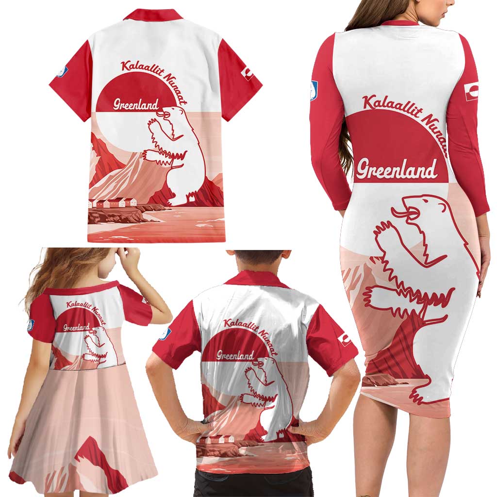 Kalaallit Nunaat Greenland Family Matching Long Sleeve Bodycon Dress and Hawaiian Shirt Coat Of Arms Flag Style