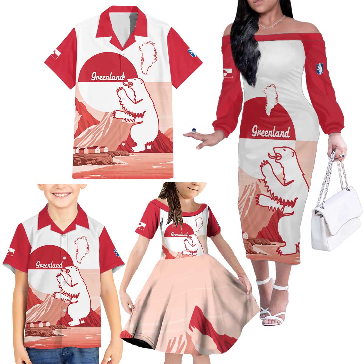 Kalaallit Nunaat Greenland Family Matching Off The Shoulder Long Sleeve Dress and Hawaiian Shirt Coat Of Arms Flag Style