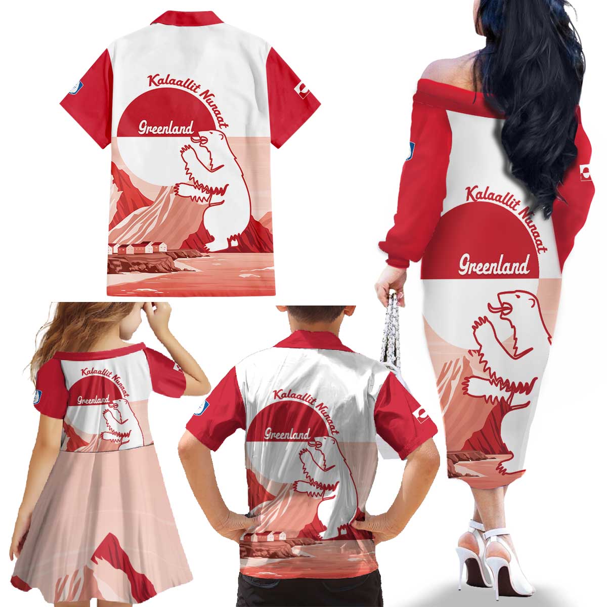 Kalaallit Nunaat Greenland Family Matching Off The Shoulder Long Sleeve Dress and Hawaiian Shirt Coat Of Arms Flag Style