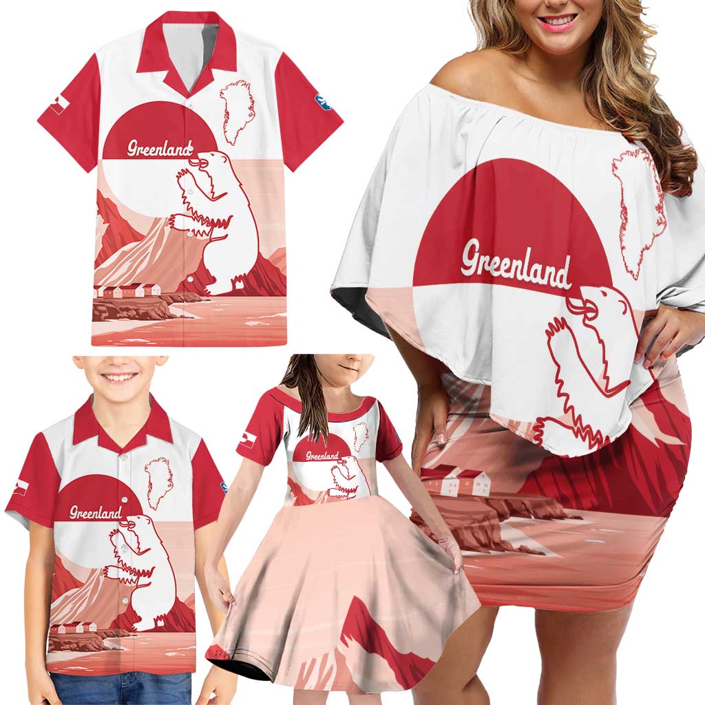 Kalaallit Nunaat Greenland Family Matching Off Shoulder Short Dress and Hawaiian Shirt Coat Of Arms Flag Style