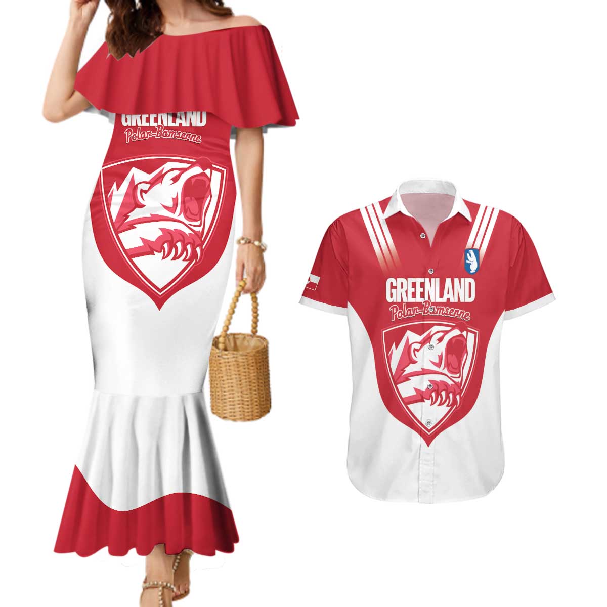 Custom Greenland Football Couples Matching Mermaid Dress and Hawaiian Shirt Come On Polar-Bamserne