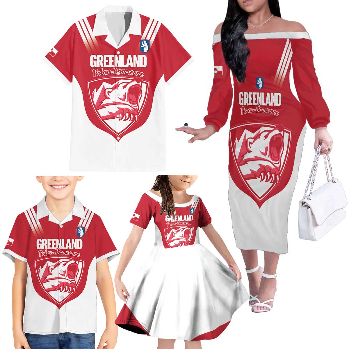 Custom Greenland Football Family Matching Off The Shoulder Long Sleeve Dress and Hawaiian Shirt Come On Polar-Bamserne