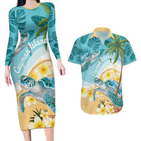 Cayman Islands Couples Matching Long Sleeve Bodycon Dress and Hawaiian Shirt Sea Turtle Plumeria Tropical Vibes