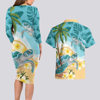 Cayman Islands Couples Matching Long Sleeve Bodycon Dress and Hawaiian Shirt Sea Turtle Plumeria Tropical Vibes