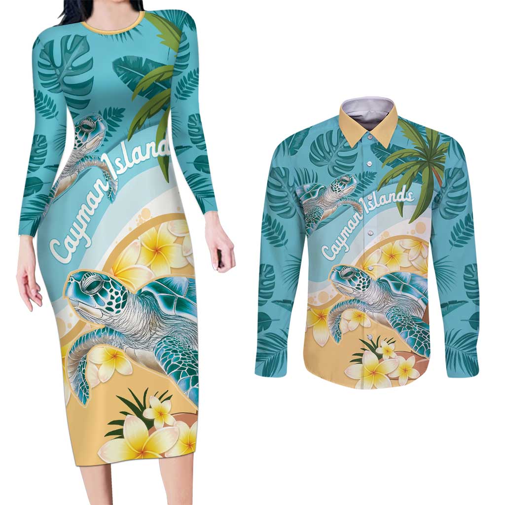 Cayman Islands Couples Matching Long Sleeve Bodycon Dress and Long Sleeve Button Shirt Sea Turtle Plumeria Tropical Vibes