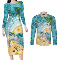 Cayman Islands Couples Matching Long Sleeve Bodycon Dress and Long Sleeve Button Shirt Sea Turtle Plumeria Tropical Vibes