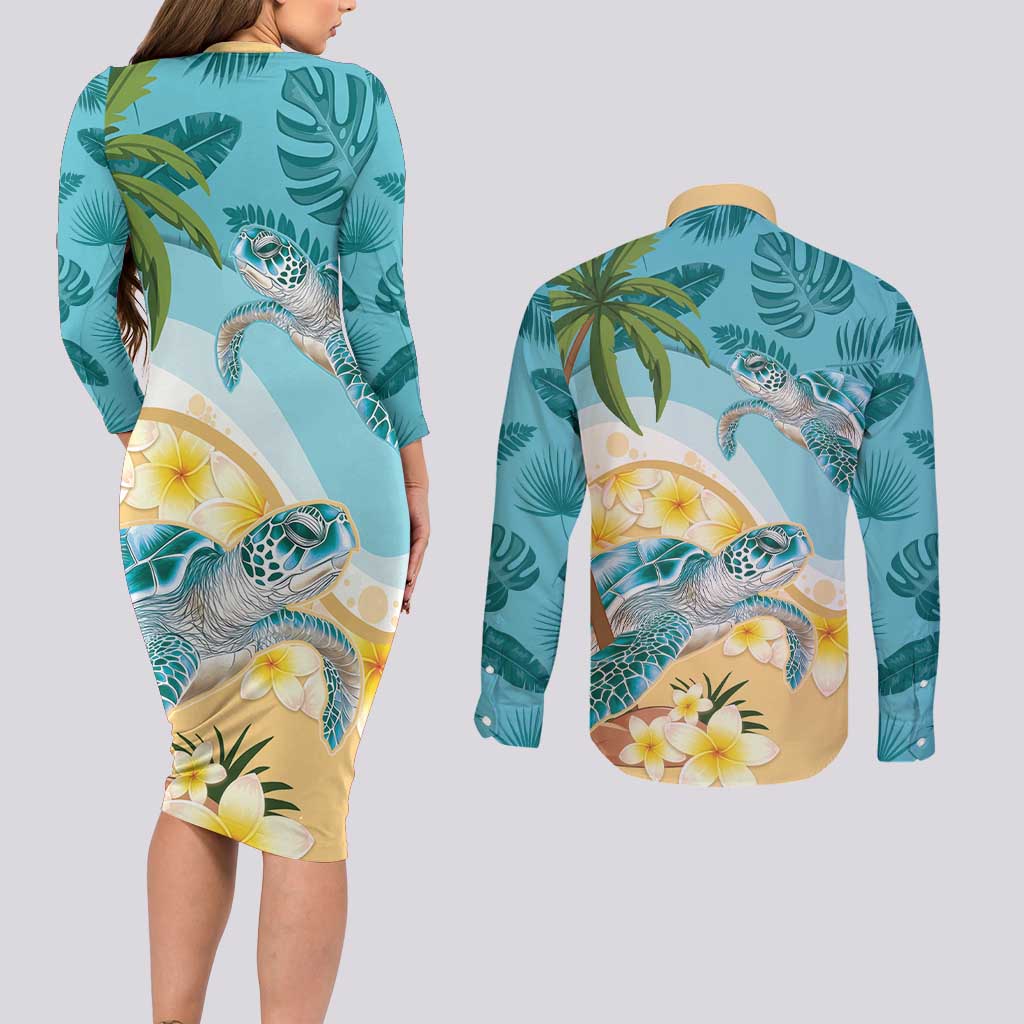 Cayman Islands Couples Matching Long Sleeve Bodycon Dress and Long Sleeve Button Shirt Sea Turtle Plumeria Tropical Vibes