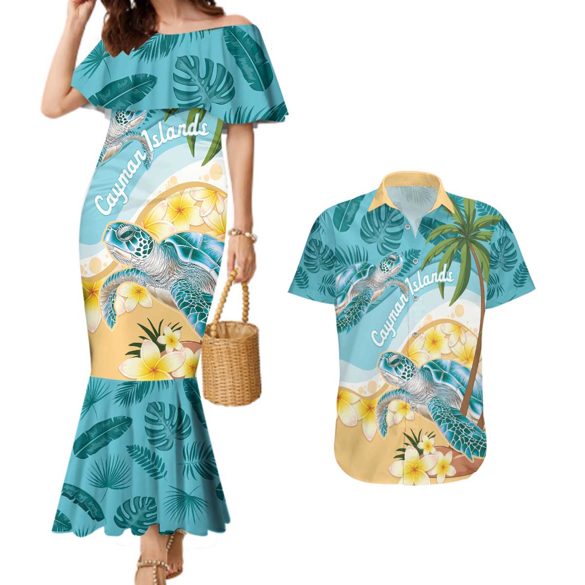 Cayman Islands Couples Matching Mermaid Dress and Hawaiian Shirt Sea Turtle Plumeria Tropical Vibes