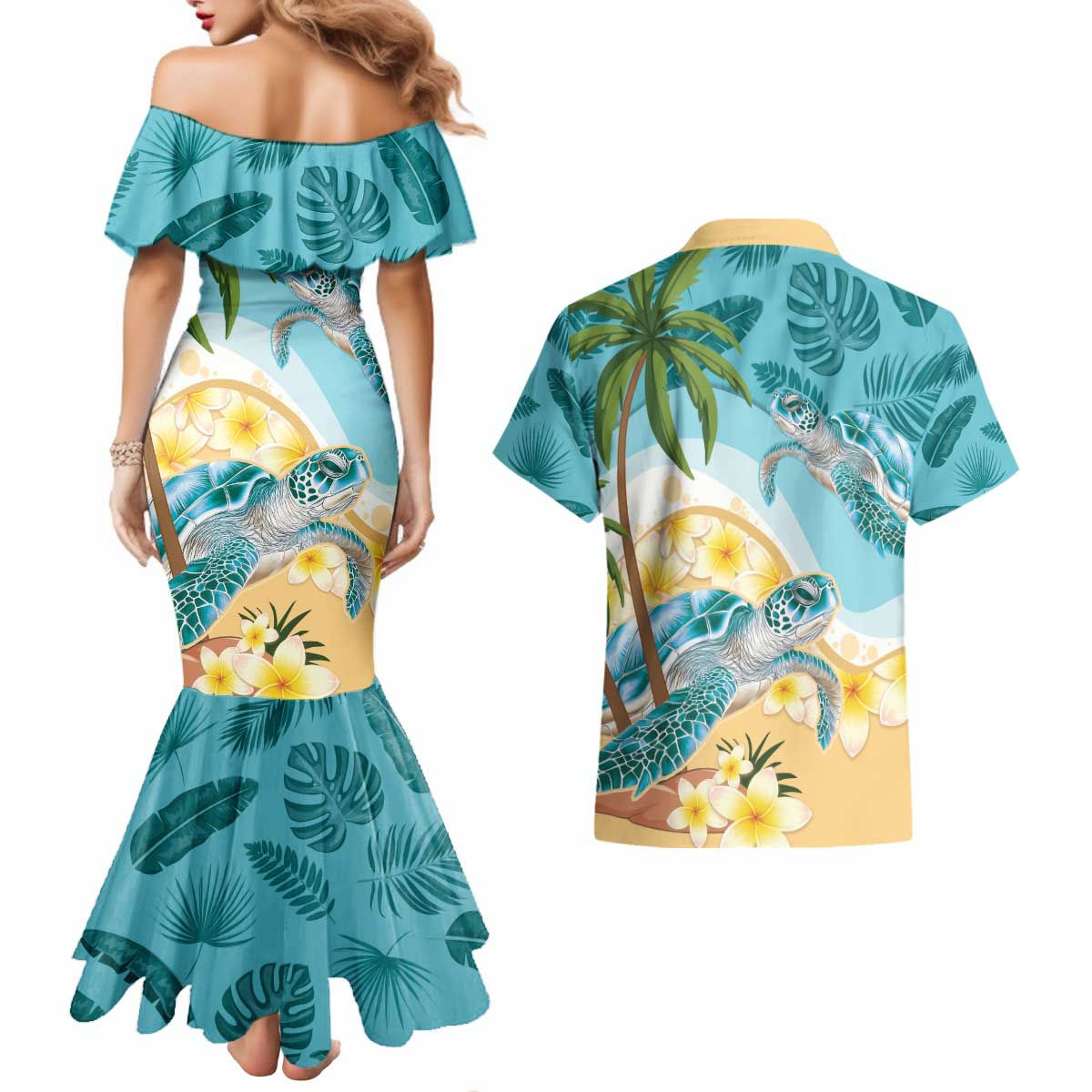 Cayman Islands Couples Matching Mermaid Dress and Hawaiian Shirt Sea Turtle Plumeria Tropical Vibes
