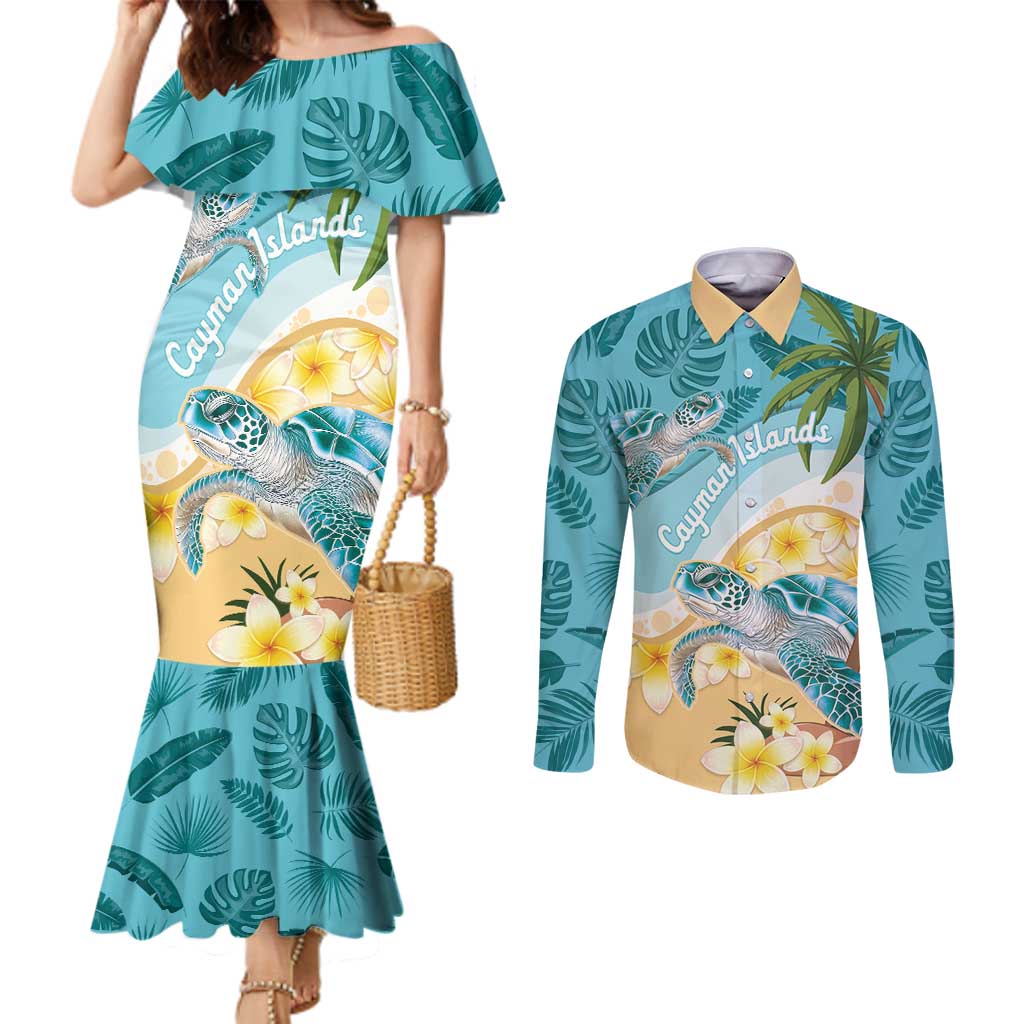 Cayman Islands Couples Matching Mermaid Dress and Long Sleeve Button Shirt Sea Turtle Plumeria Tropical Vibes