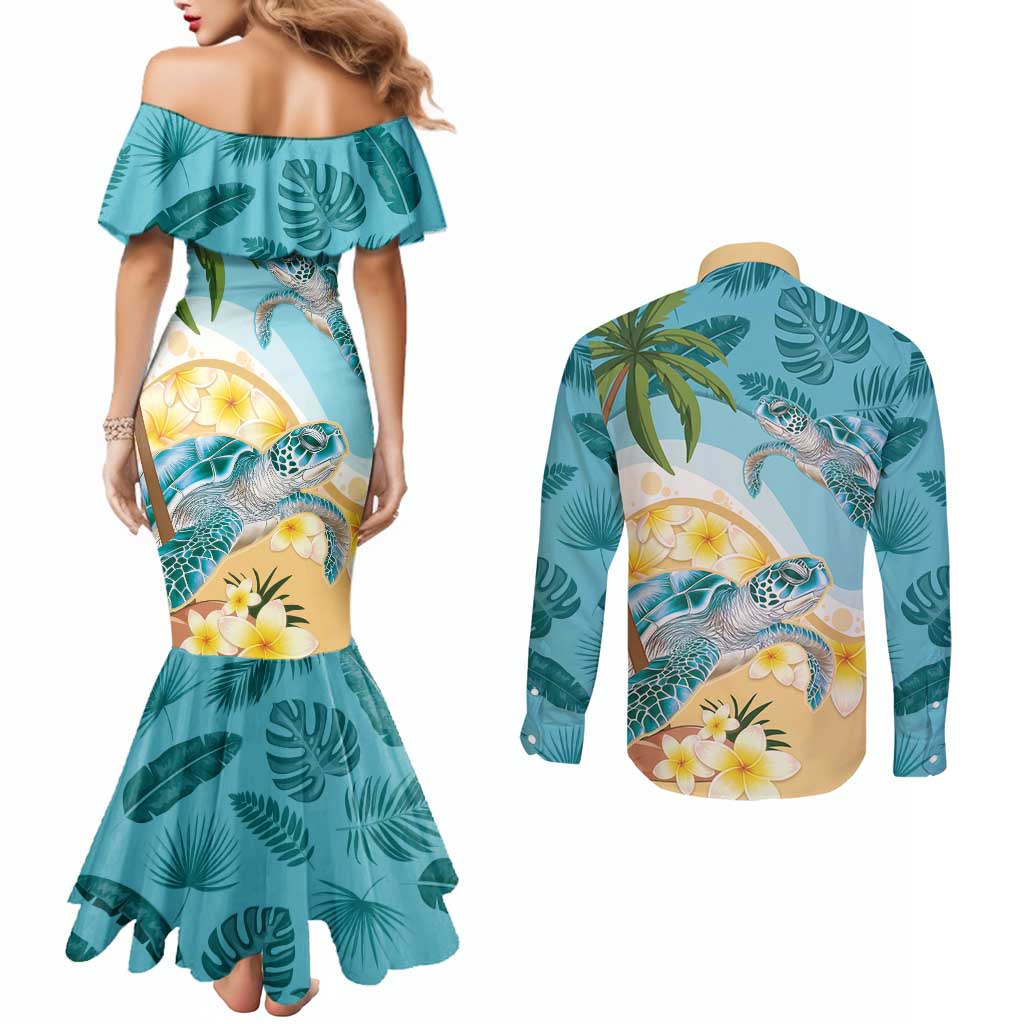 Cayman Islands Couples Matching Mermaid Dress and Long Sleeve Button Shirt Sea Turtle Plumeria Tropical Vibes