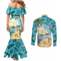 Cayman Islands Couples Matching Mermaid Dress and Long Sleeve Button Shirt Sea Turtle Plumeria Tropical Vibes