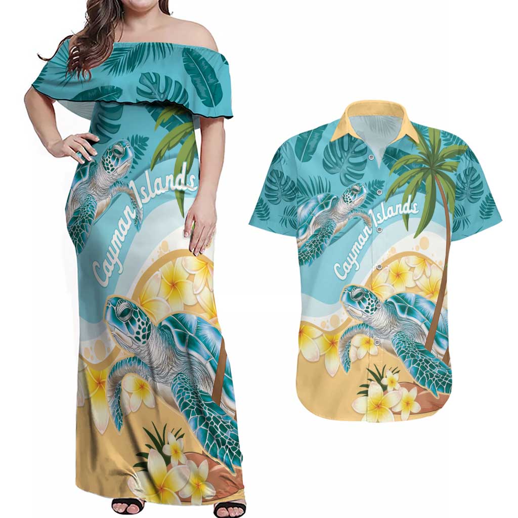 Cayman Islands Couples Matching Off Shoulder Maxi Dress and Hawaiian Shirt Sea Turtle Plumeria Tropical Vibes