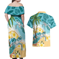 Cayman Islands Couples Matching Off Shoulder Maxi Dress and Hawaiian Shirt Sea Turtle Plumeria Tropical Vibes