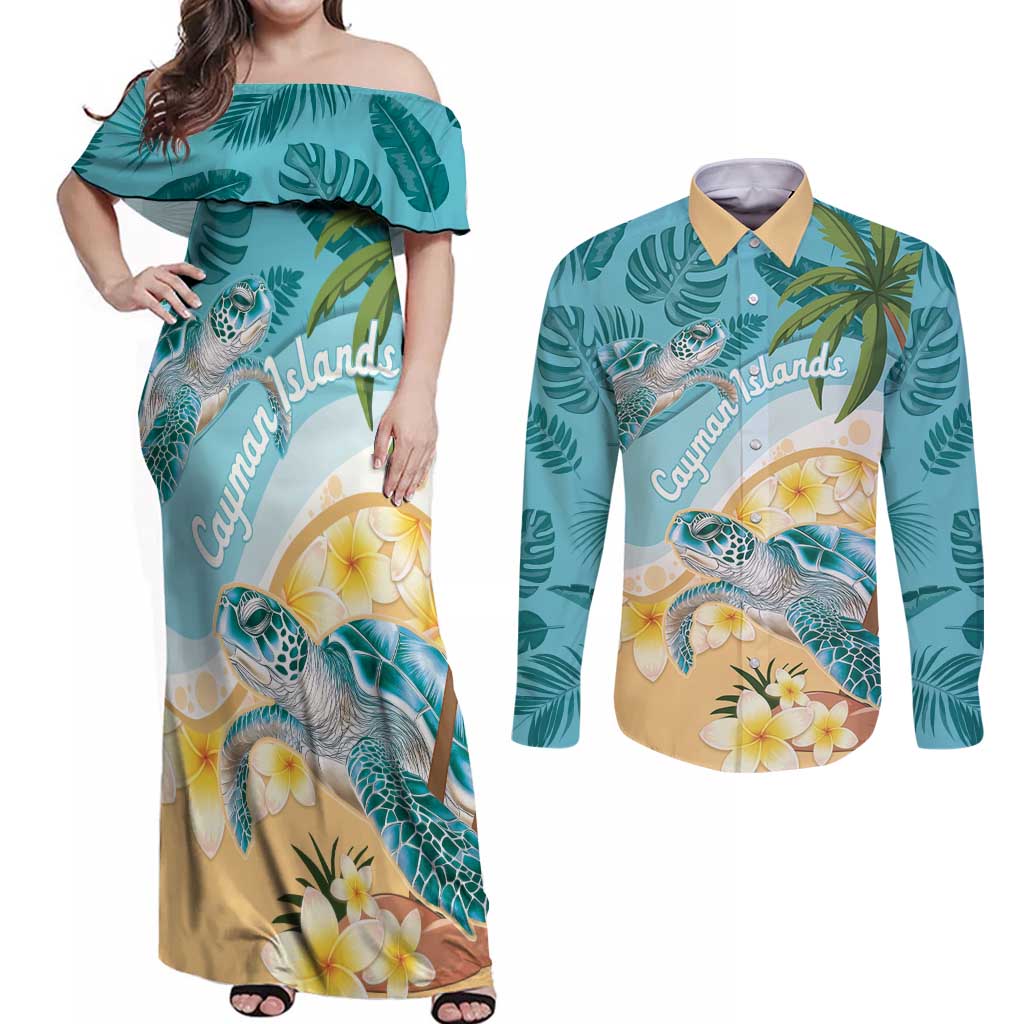 Cayman Islands Couples Matching Off Shoulder Maxi Dress and Long Sleeve Button Shirt Sea Turtle Plumeria Tropical Vibes