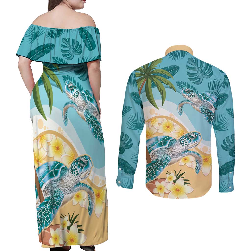 Cayman Islands Couples Matching Off Shoulder Maxi Dress and Long Sleeve Button Shirt Sea Turtle Plumeria Tropical Vibes