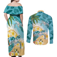 Cayman Islands Couples Matching Off Shoulder Maxi Dress and Long Sleeve Button Shirt Sea Turtle Plumeria Tropical Vibes