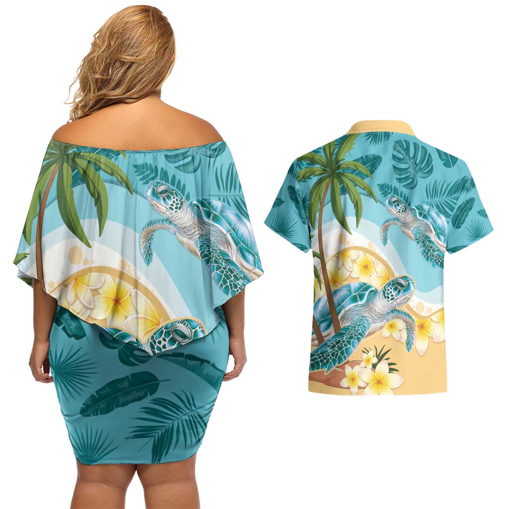 Cayman Islands Couples Matching Off Shoulder Short Dress and Hawaiian Shirt Sea Turtle Plumeria Tropical Vibes