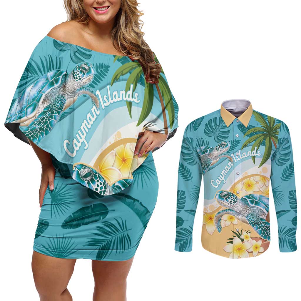 Cayman Islands Couples Matching Off Shoulder Short Dress and Long Sleeve Button Shirt Sea Turtle Plumeria Tropical Vibes