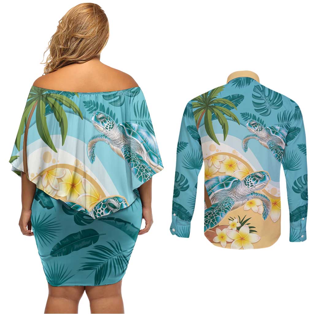 Cayman Islands Couples Matching Off Shoulder Short Dress and Long Sleeve Button Shirt Sea Turtle Plumeria Tropical Vibes