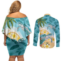 Cayman Islands Couples Matching Off Shoulder Short Dress and Long Sleeve Button Shirt Sea Turtle Plumeria Tropical Vibes