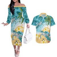 Cayman Islands Couples Matching Off The Shoulder Long Sleeve Dress and Hawaiian Shirt Sea Turtle Plumeria Tropical Vibes
